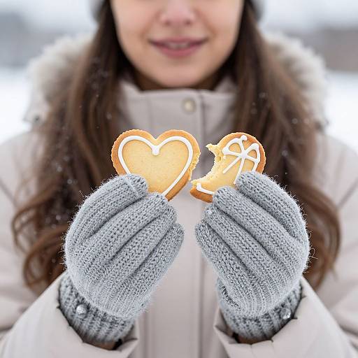 Photograph of a smiling woman in a white winter coat, gray knitted gloves, holding heart-shaped and bird-shaped gingerbread cookies. Snowfall in