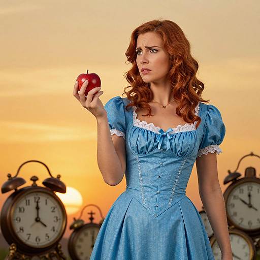 Photograph of a red-haired woman in a blue, lace-trimmed dress, holding a red apple, with a sunset background and multiple antique clocks