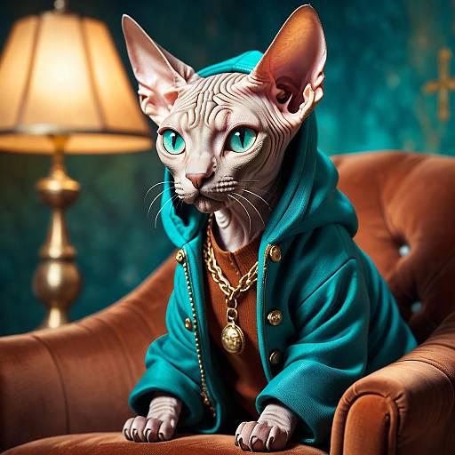 Sphynx Cat in Teal Hooded Jacket Sitting on Vintage Armchair