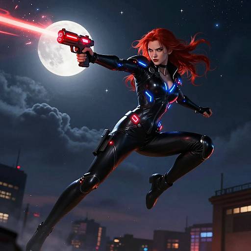 Digital artwork: Red-haired woman in black, glossy, form-fitting suit leaps skyward, firing red laser gun at full moon, cityscape below