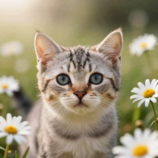 Hyperrealistic Kitten in Daisy Meadow