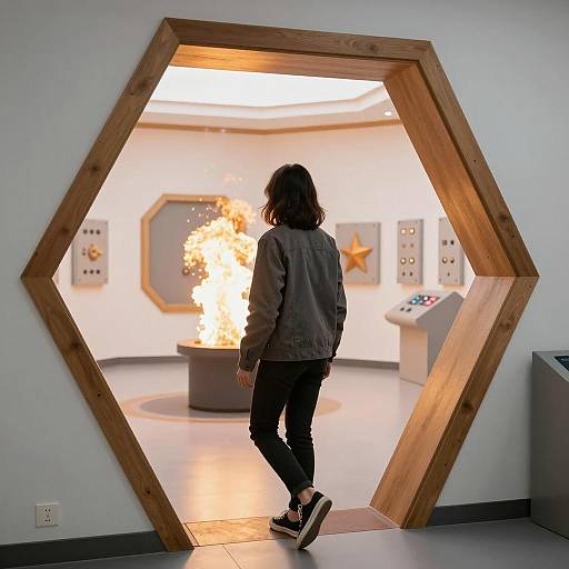 Person Entering Room with Fireball Through Hexagonal Doorway