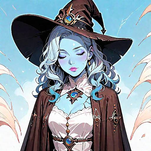 Digital illustration of a blue-skinned, white-haired witch with closed eyes, wearing a black hat, brown cloak, and white lace dress, set against
