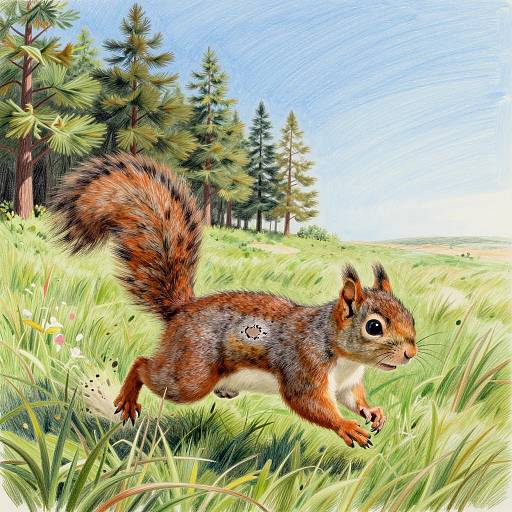 Colored Pencil Illustration of a Young Squirrel in Meadow