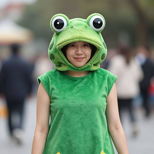 Photograph of a smiling Asian woman in a green frog costume with large, black-eyed frog hat, standing outdoors in a blurred, busy city background.