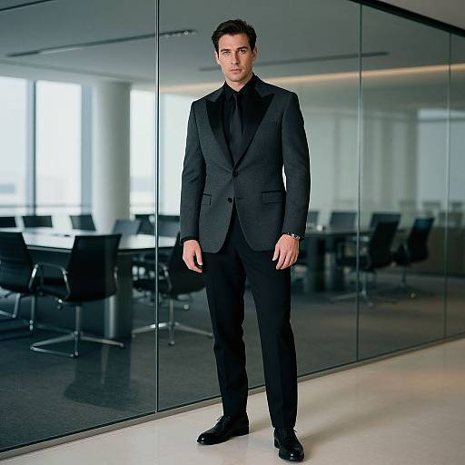 Photograph of a handsome, young man with short dark hair, wearing a black suit, black shirt, and black shoes, standing in a modern,