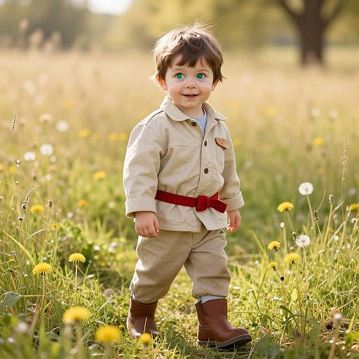 Photograph of a smiling young boy with green eyes, wearing a beige jacket, khaki pants, red belt, and brown boots, walking through a