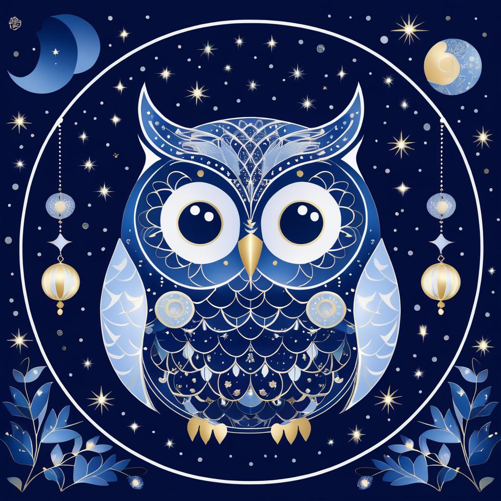 Whimsical Owl with Moon Patterns Illustration