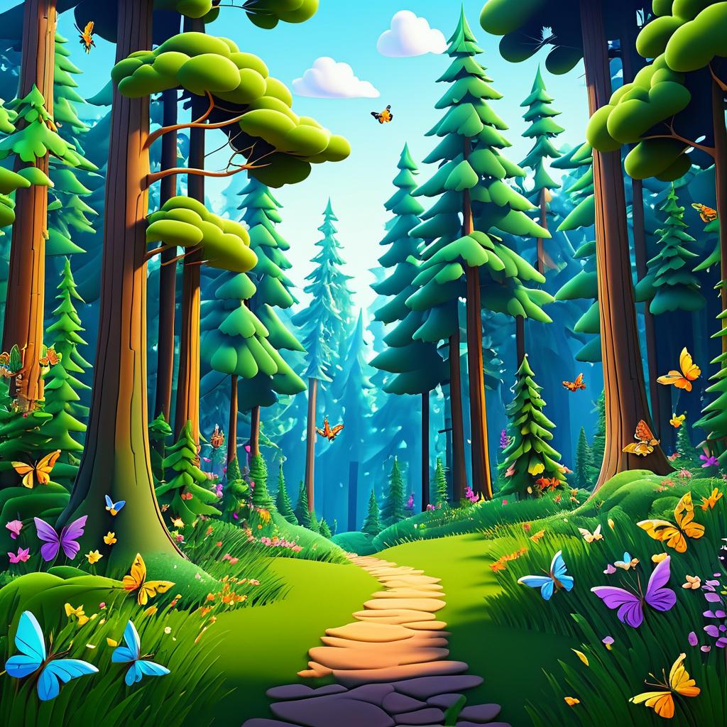 Serene Cartoon Forest with Butterflies