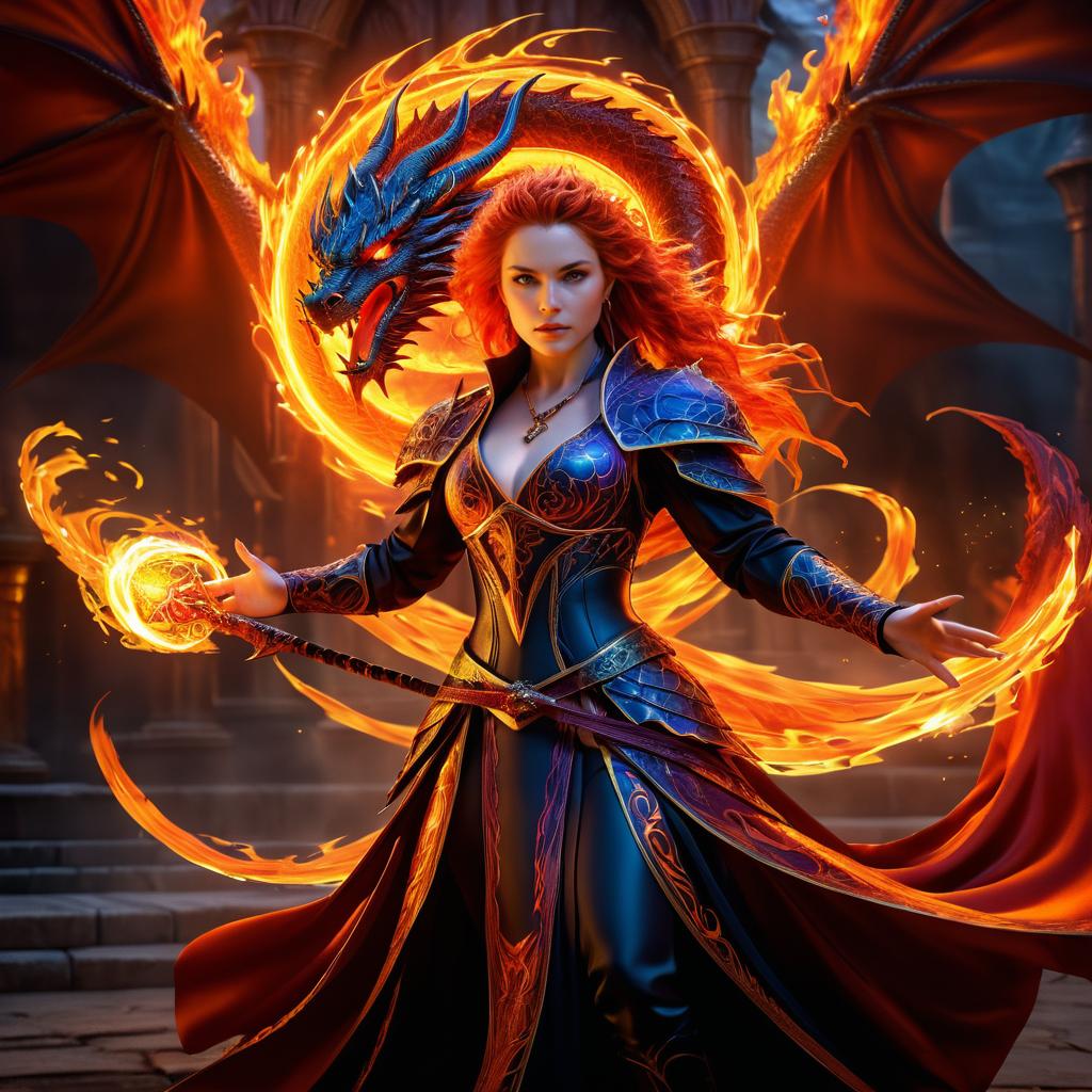 Dynamic Sorceress vs Fiery Dragon Art