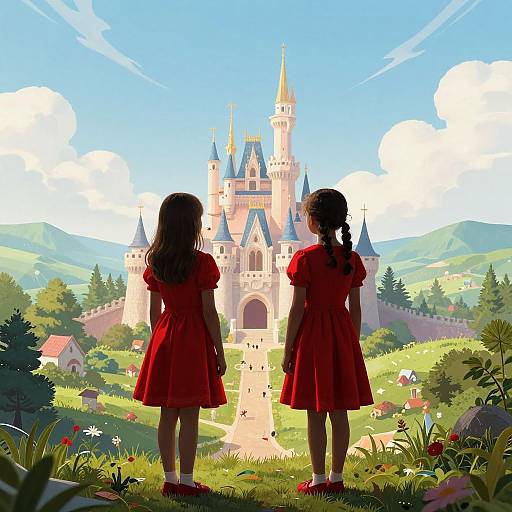 Digital illustration of two girls in red dresses, viewed from behind, standing in a lush, colorful meadow, gazing at a fairy-tale castle
