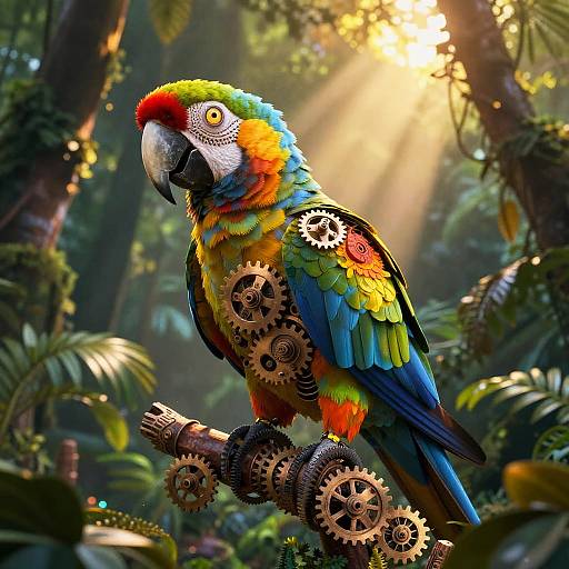Photorealistic CGI of a vibrant macaw with colorful feathers perched on a gear-adorned branch in a sunlit, lush jungle.