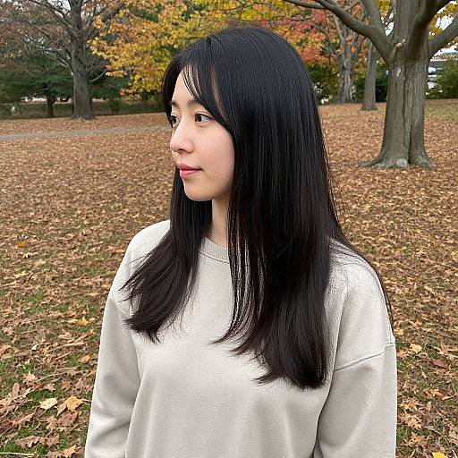Asian woman with long black hair in white sweater, looking to the side, standing in autumn park with fallen leaves.