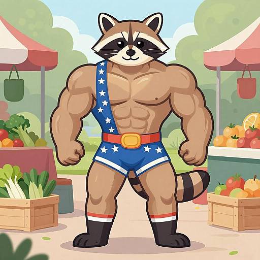 Muscular Raccoon in Vibrant Market Scene