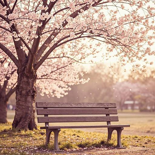 Photograph of a wooden bench under a blooming cherry blossom tree, sunlight filtering through pink petals, grassy park background.