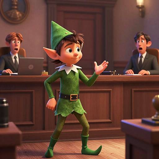 Pixar-Style Elf Courtroom Prank Scene