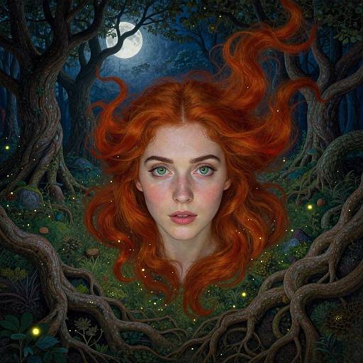 Digital fantasy artwork of a fair-skinned woman with vibrant red hair floating in a dark, enchanted forest under a full moon.