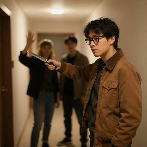 Dramatic Encounter in Dimly Lit Hallway