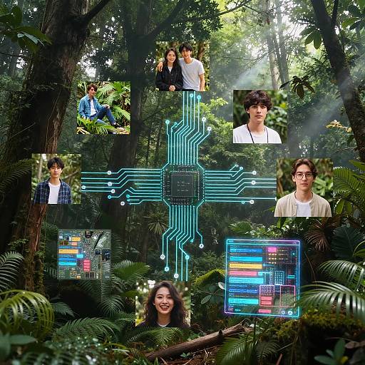 Photograph of a dense forest with a digital overlay of six people's portraits connected by neon circuit lines, featuring a CPU chip and colorful interface elements in