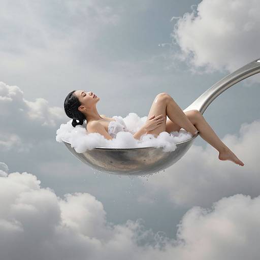 Digital artwork of an Asian woman with dark hair, floating in a metallic bowl filled with clouds, against a bright, cloudy sky.