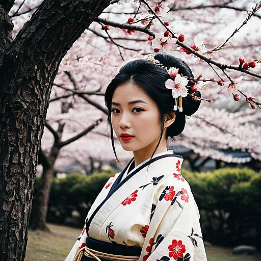 Japanese Woman in Kimono with Cherry Blossoms