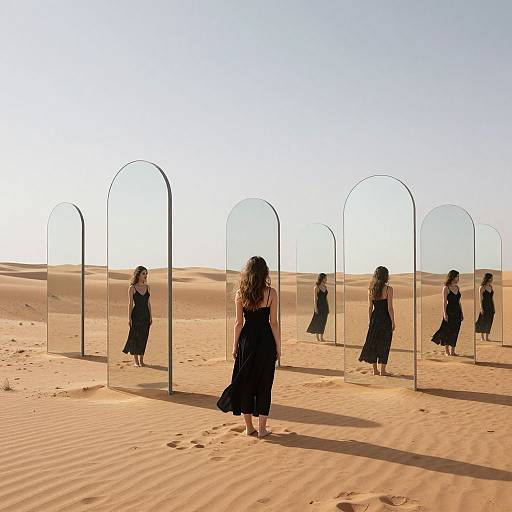 Photograph of a woman with long brown hair in a black dress, standing in a desert, facing multiple mirrored panels reflecting her image. Clear sky,
