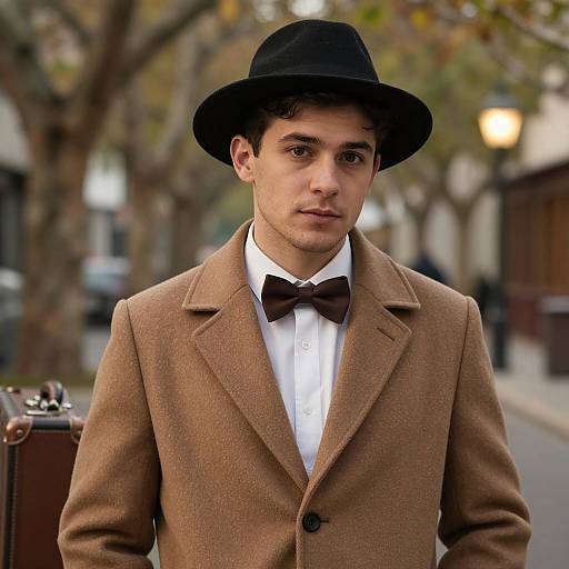 Photograph of a young man with olive skin, dark hair, and brown eyes, wearing a black bowler hat, brown tweed blazer,