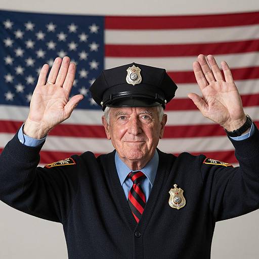 Smiling Policeman Against American Flag