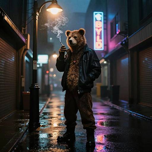 Photograph-style digital art of a furry bear character in a black leather jacket, smoking, standing in a neon-lit, rainy alley.