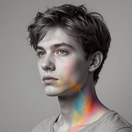 Photograph of a young man with tousled brown hair, silver-painted face, and colorful rainbow light on his cheek and neck, wearing a gray
