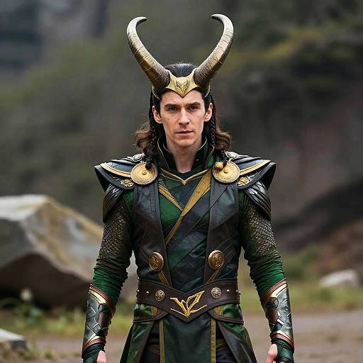 Photograph of a man in elaborate Viking-style armor with gold horns, black and green attire, standing in a mountainous outdoor setting.
