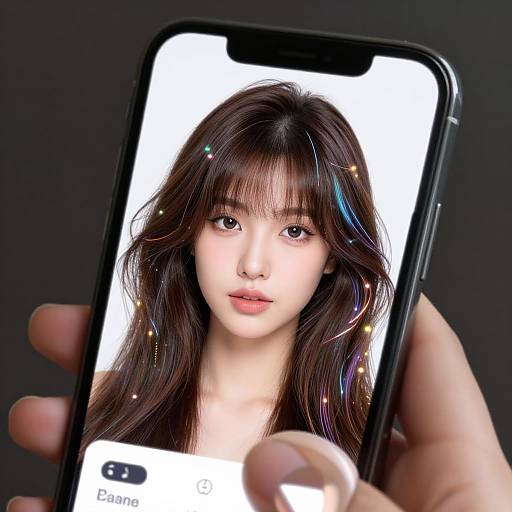 Photorealistic digital portrait of an Asian woman with long, dark hair, soft features, and glowing star-like effects on a smartphone screen.