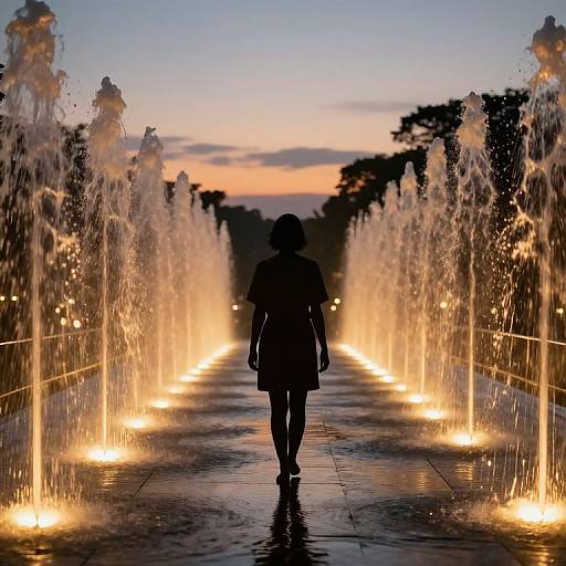 Silhouetted person walks down illuminated pathway with water jets at sunset; sky transitions from orange to blue, trees in background. Photograph.