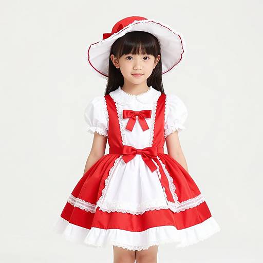 Photograph of an Asian girl with long black hair, wearing a red and white pinafore dress, white bonnet with red ribbon, smiling against