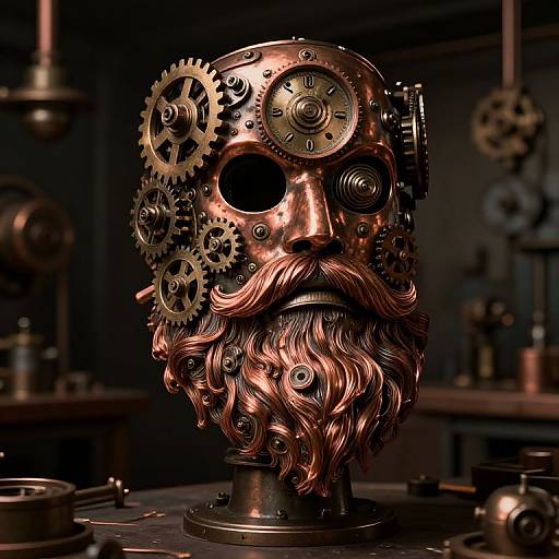 Photorealistic CGI of a steampunk-style copper mask with gears, large eye holes, and a wavy copper beard, set in a dim