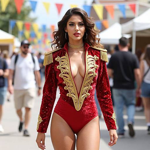 Photograph of a confident, dark-haired woman in a deep red, sequined, plunging military-style jumpsuit with gold embroidery, walking outdoors in