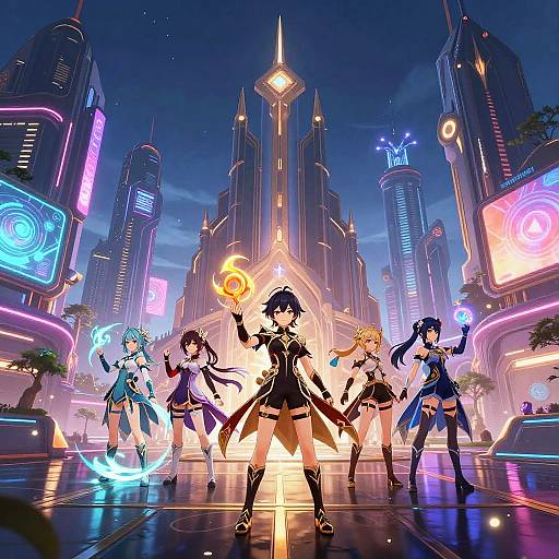 Anime-style digital illustration of five female characters in futuristic cityscape, glowing neon lights, towering skyscrapers, and holographic displays. Central character casts