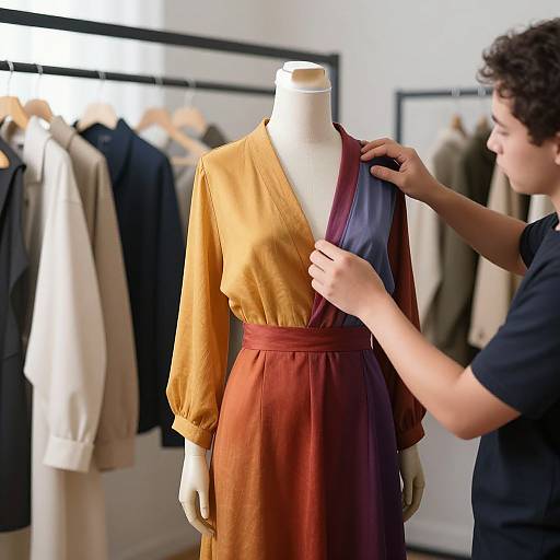 Photograph of a young man adjusting a gradient dress with yellow-orange and maroon panels on a headless mannequin in a well-lit fashion