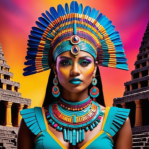 Woman in Vibrant Aztec Headdress and Jewelry