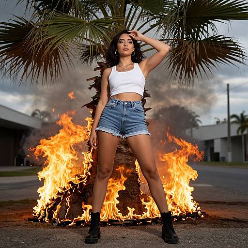 Photograph of a confident woman with dark hair, wearing a white tank top, denim shorts, and black boots, standing in front of a large fire
