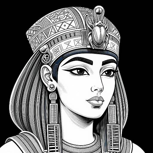 Black and white digital drawing of a stylized, ancient Egyptian woman with intricate headdress, geometric earrings, and closed eyes, against a solid black background