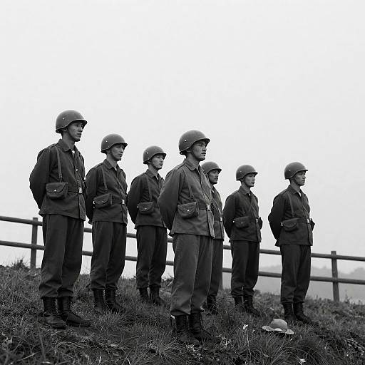 Black and White Photo of Soldiers on Grassy Cliff