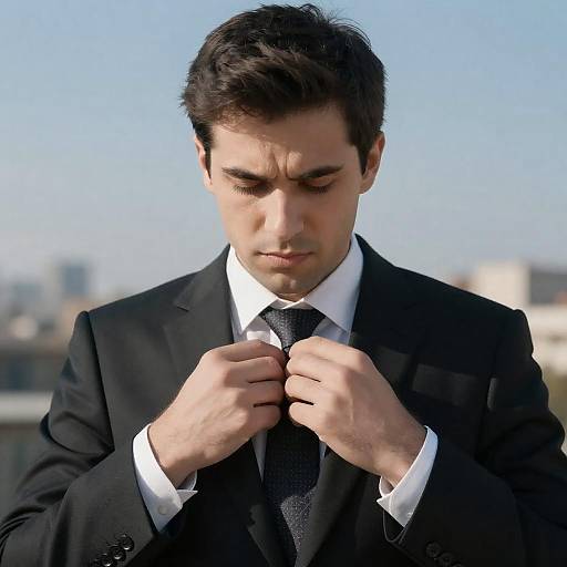 Man Adjusting Tie in Black Suit