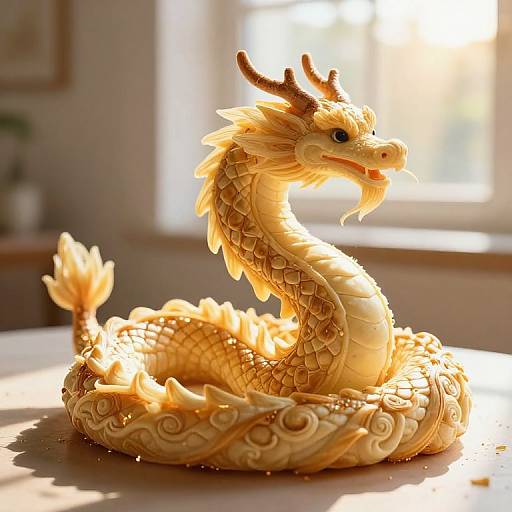 Photograph of a detailed, golden, intricately carved dragon sculpture with scales, horns, and flowing mane, bathed in sunlight on a table.