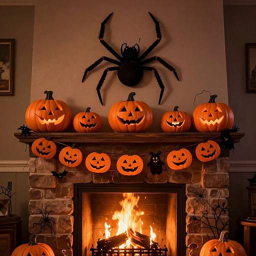 Halloween-themed photograph of a fireplace adorned with nine carved pumpkins, a large spider decoration above, and spider web ornaments. Flames glow brightly, casting