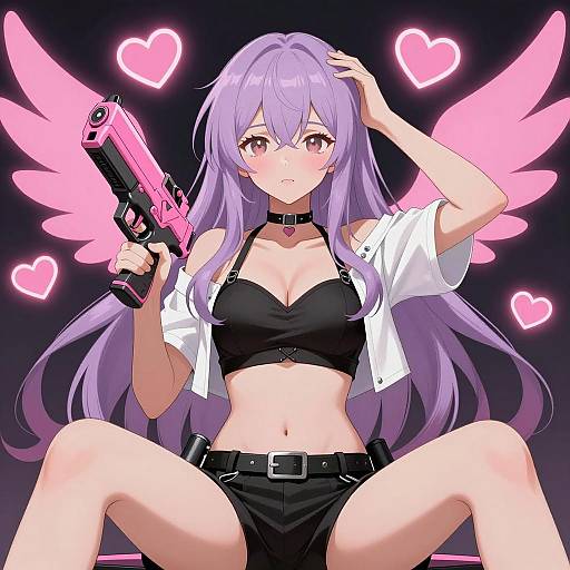 Anime Girl with Lavender Hair and Pink Gun