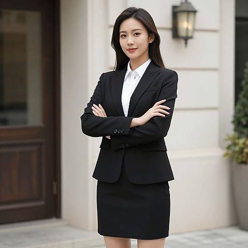 Photograph of an Asian woman with long black hair, wearing a black suit and white shirt, standing with arms crossed, in front of a white building