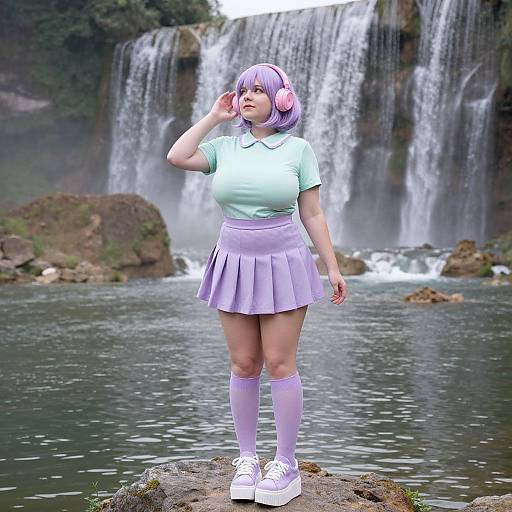 Anime-style photograph of a young woman with purple hair, pink headphones, light green shirt, lavender skirt, white socks, and sneakers, standing on a