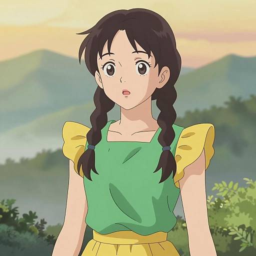 Anime Girl with Braided Hair in Mountain Landscape