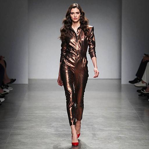 Female Model in Metallic Bronze Jumpsuit on Runway